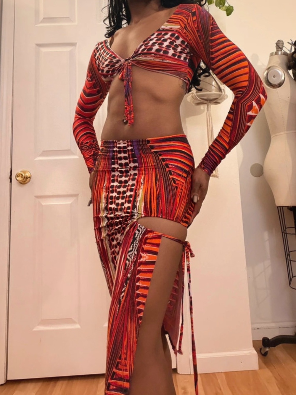 Red Multi-Print Cutout Maxi Skirt Set - Women